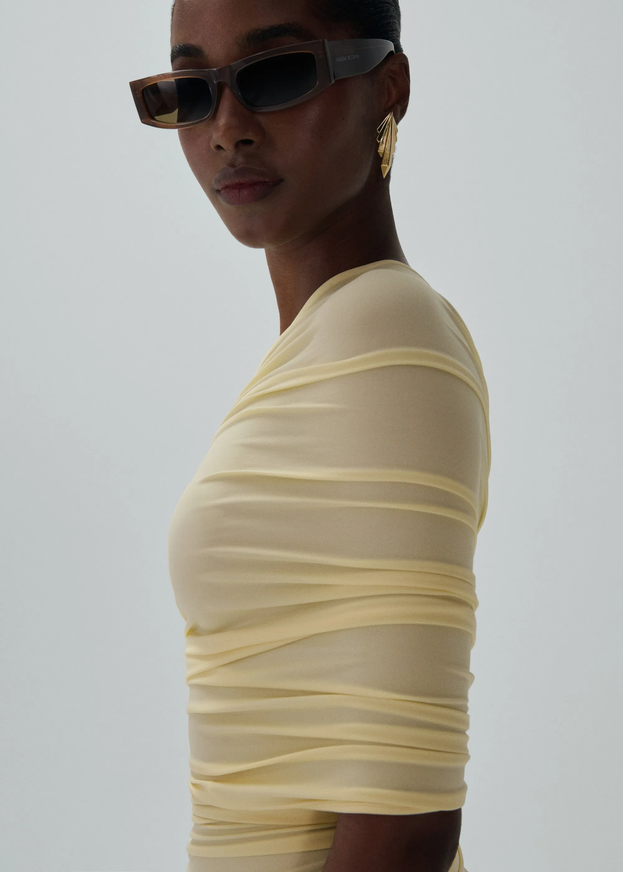 One shoulder draped midi dress in yellow