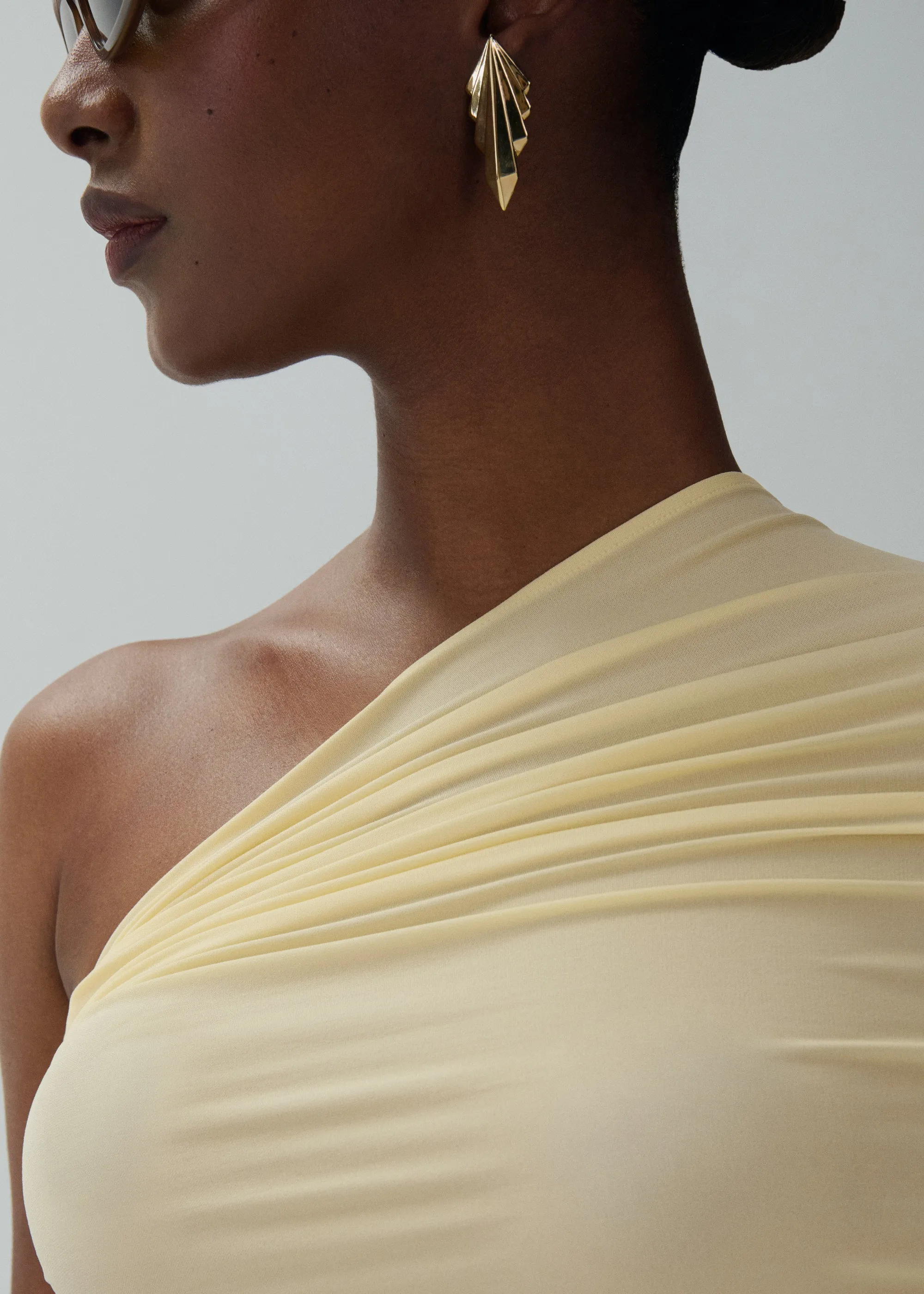 One shoulder draped midi dress in yellow