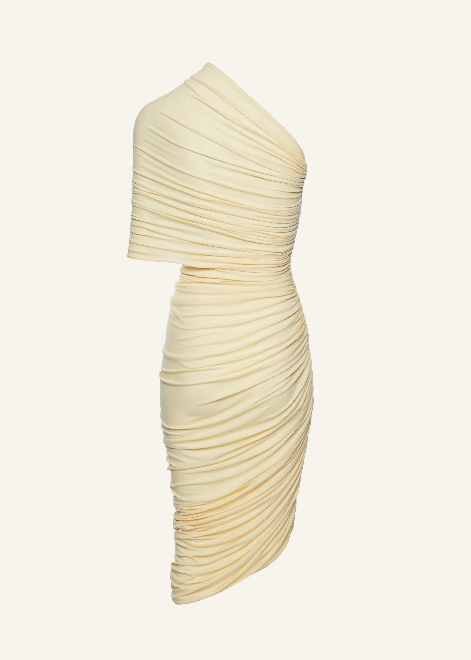 One shoulder draped midi dress in yellow