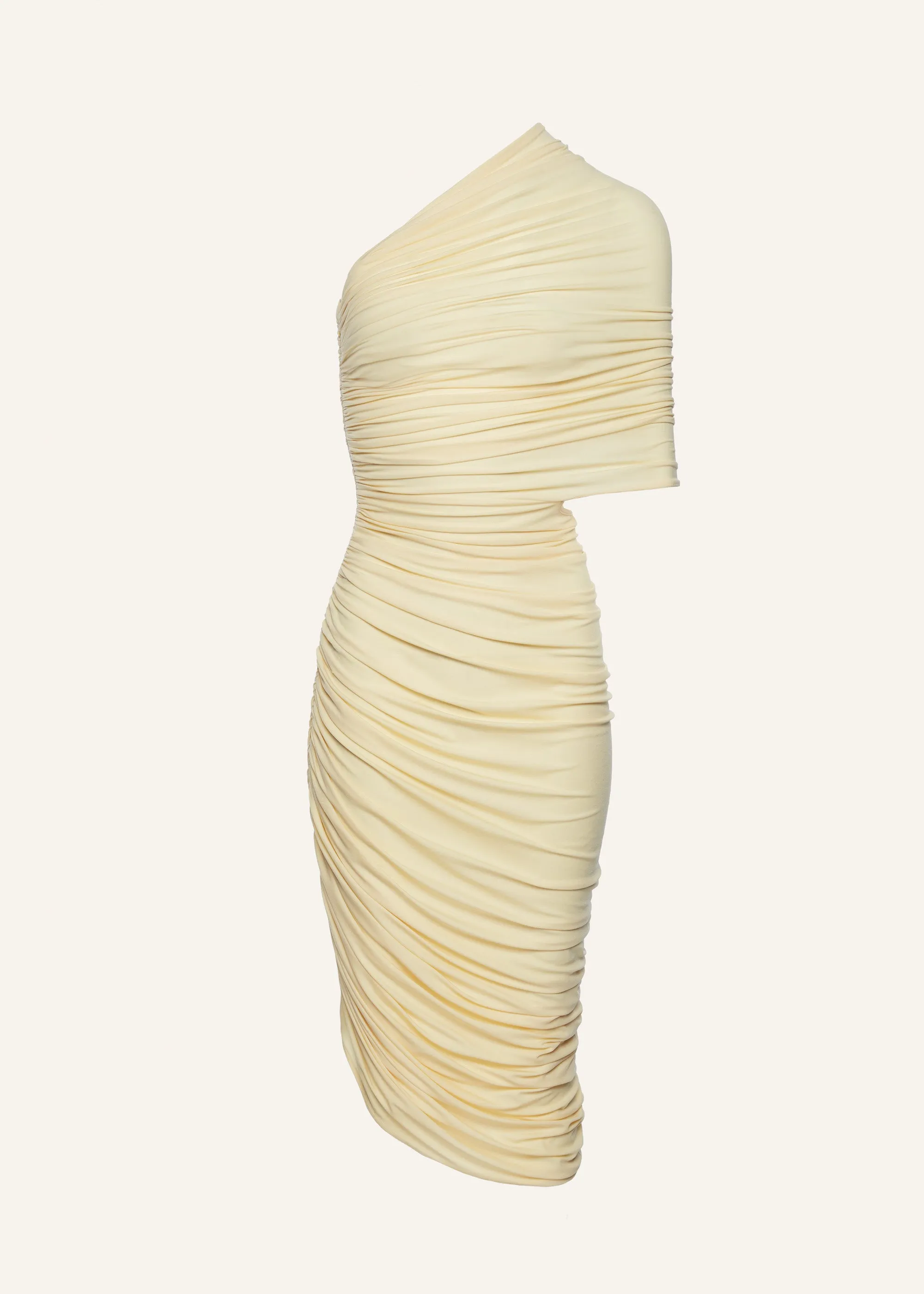 One shoulder draped midi dress in yellow
