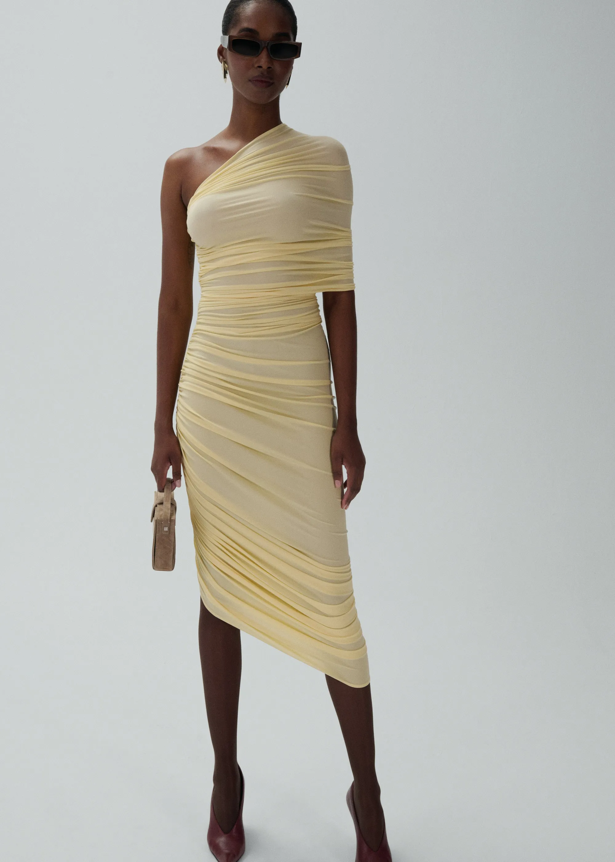 One shoulder draped midi dress in yellow