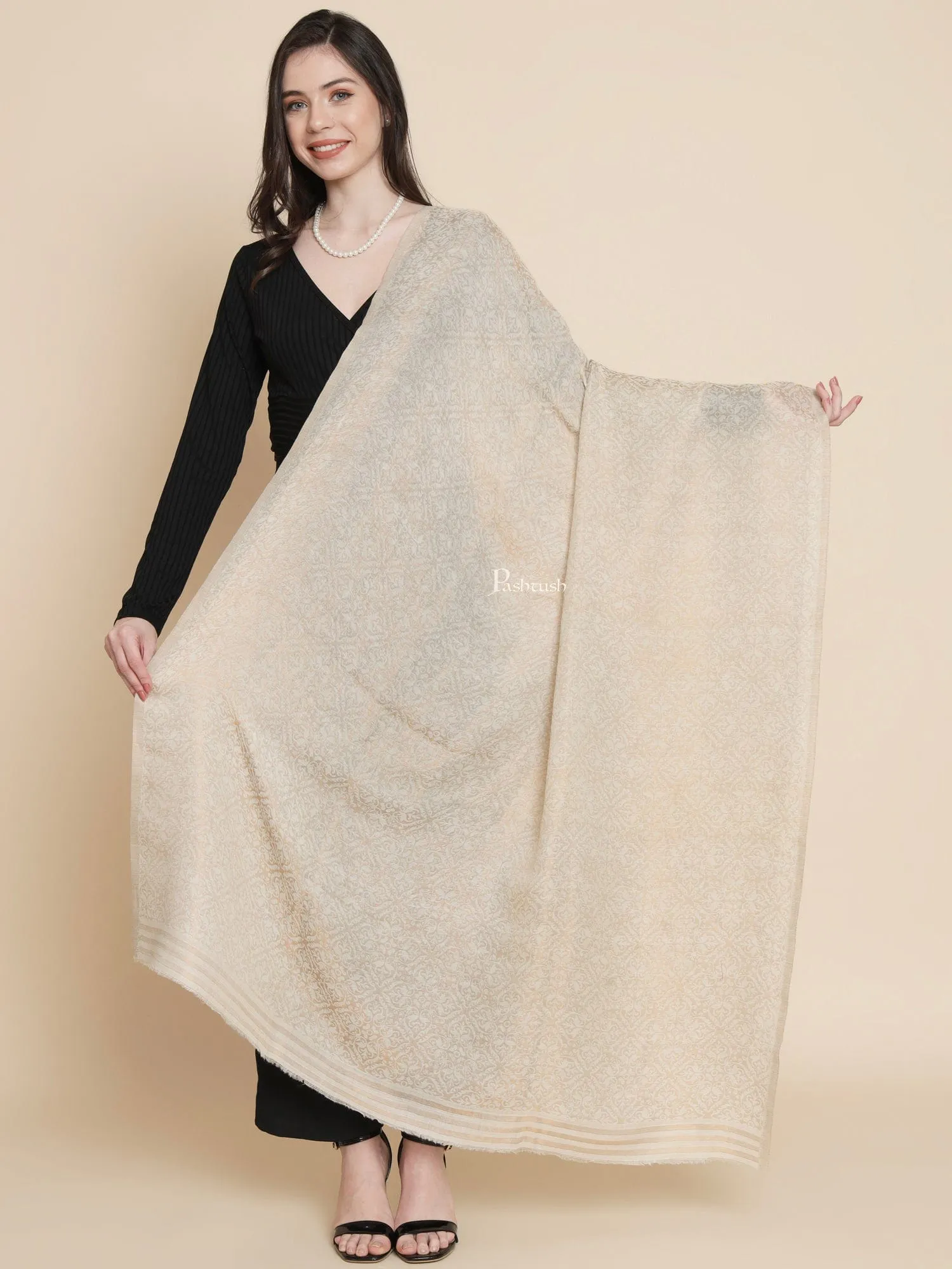 Pashtush Womens, Wool Extra Fine Count , Geometric Twilight Collection, Soft Metallic Thread  Woven, Ivory