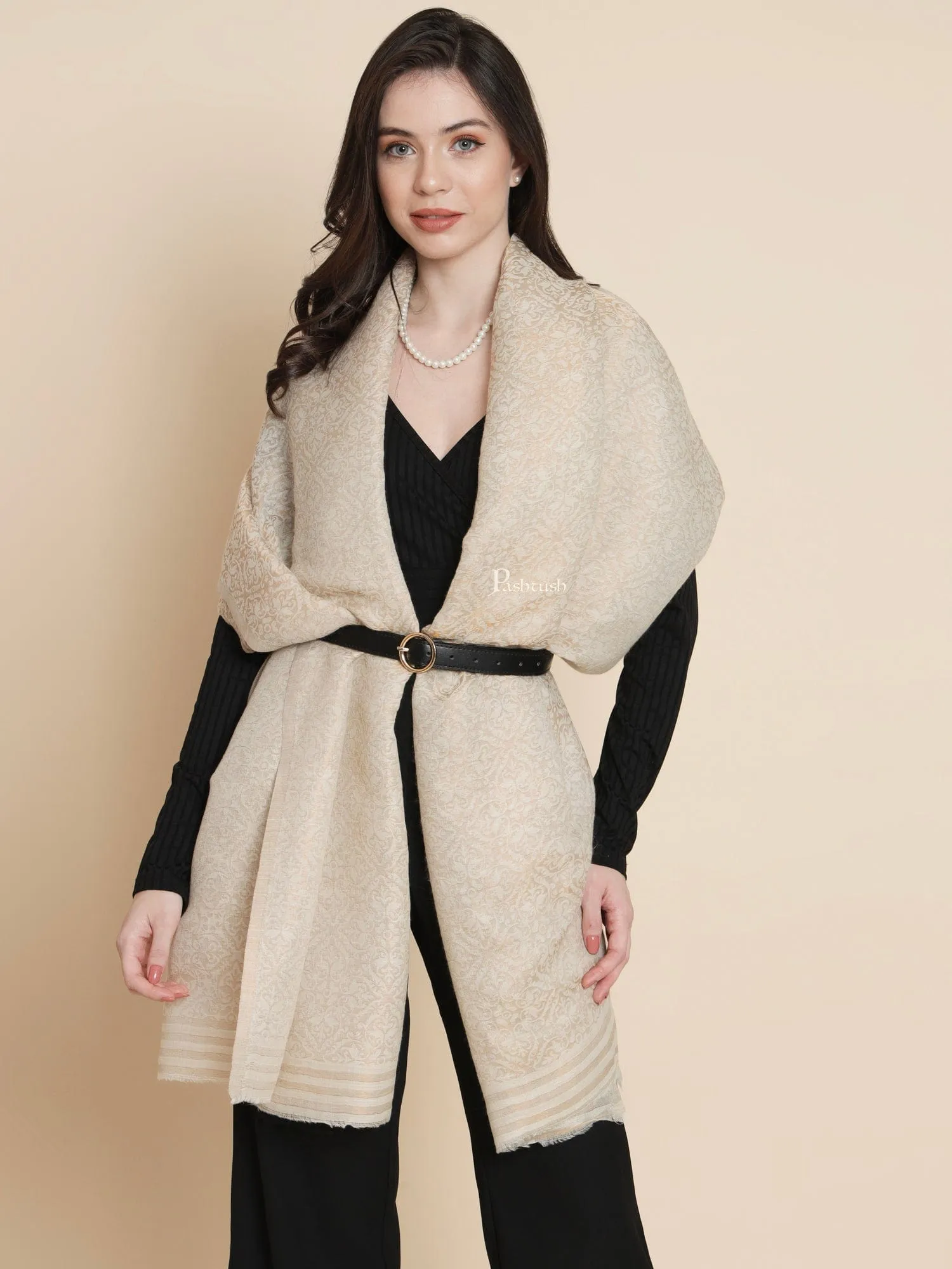 Pashtush Womens, Wool Extra Fine Count , Geometric Twilight Collection, Soft Metallic Thread  Woven, Ivory