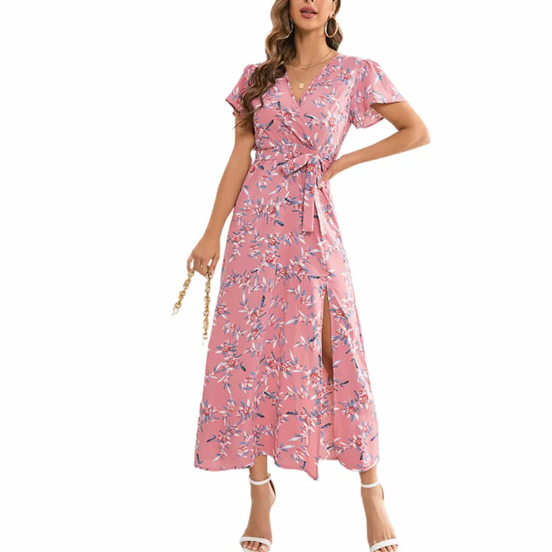 Pink Floral Wrap Dress | Slit Hem Maxi