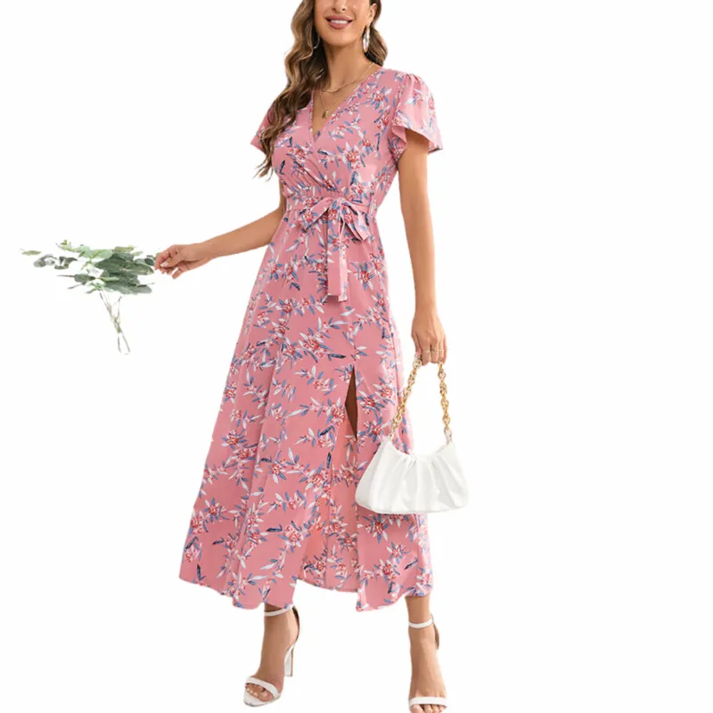 Pink Floral Wrap Dress | Slit Hem Maxi