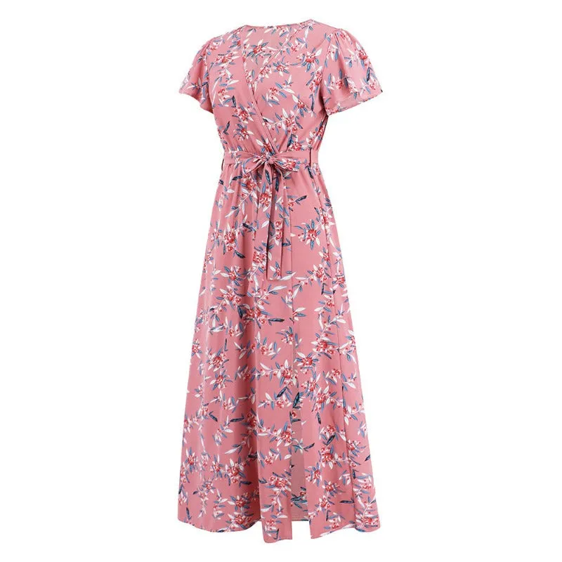 Pink Floral Wrap Dress | Slit Hem Maxi