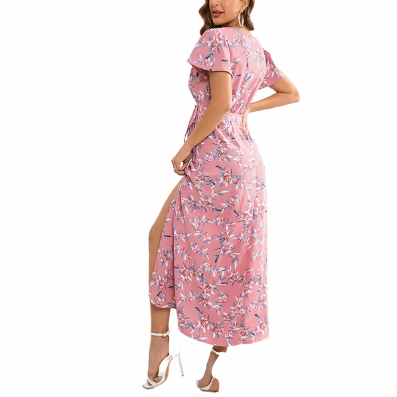 Pink Floral Wrap Dress | Slit Hem Maxi