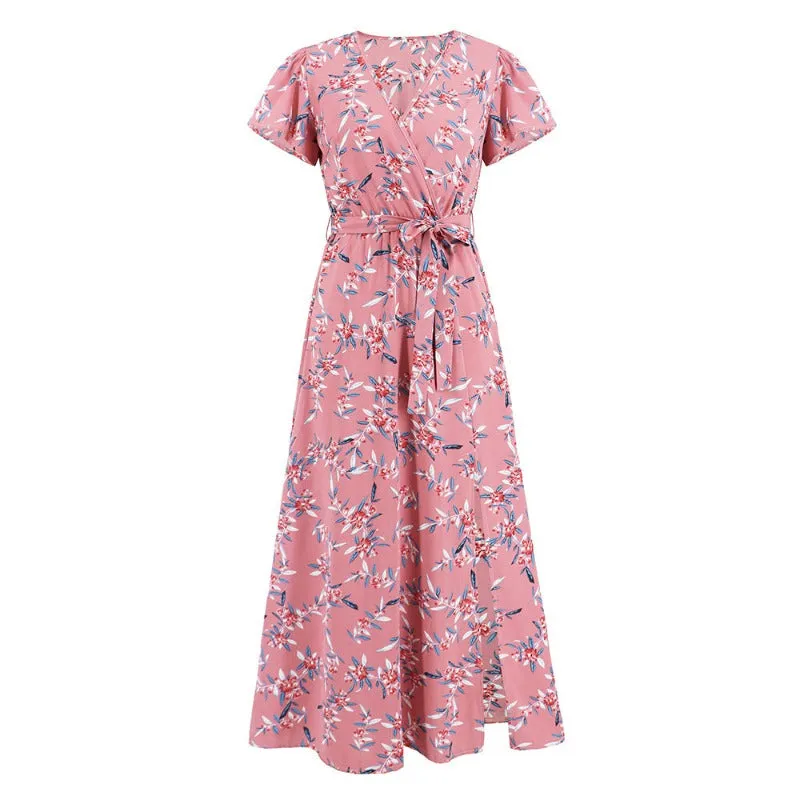Pink Floral Wrap Dress | Slit Hem Maxi