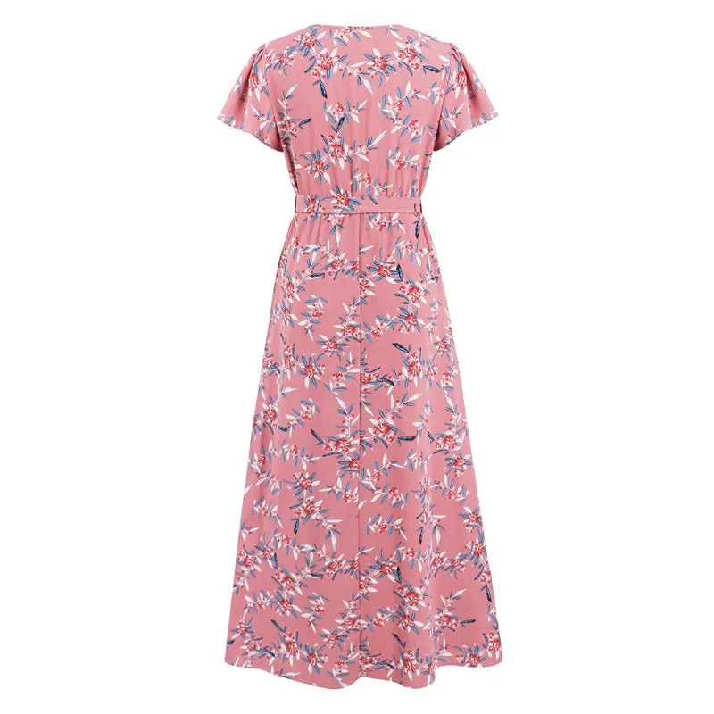 Pink Floral Wrap Dress | Slit Hem Maxi