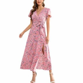 Pink Floral Wrap Dress | Slit Hem Maxi