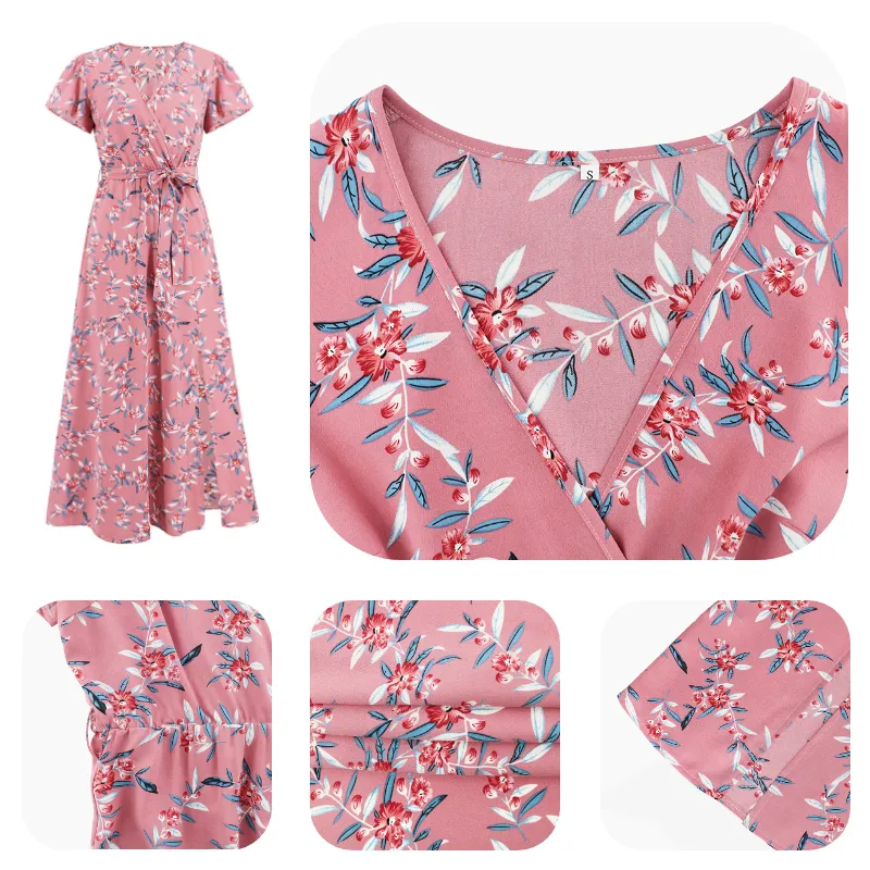 Pink Floral Wrap Dress | Slit Hem Maxi