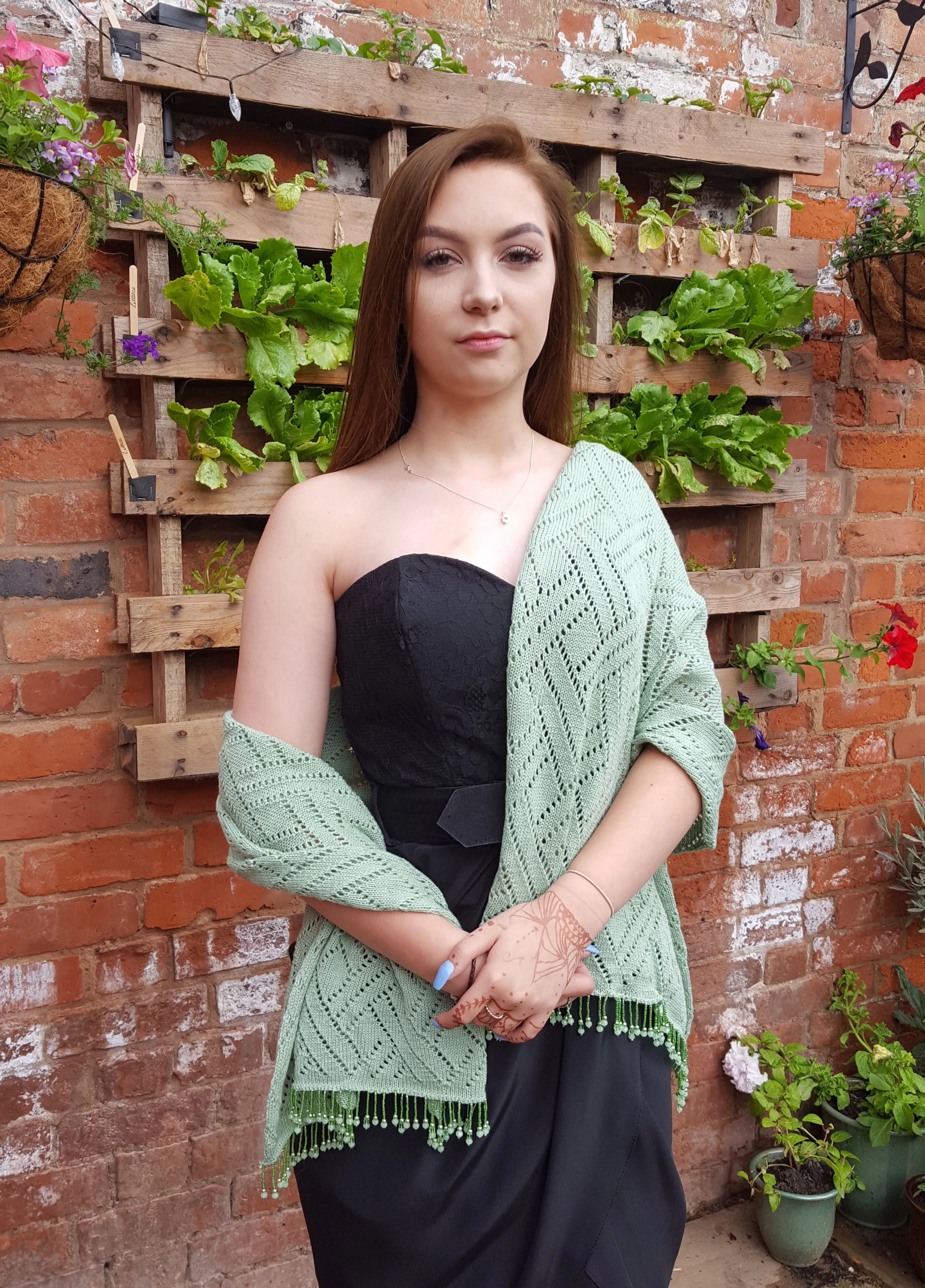 Pistachio green cotton lace knit beaded pashmina, wrap or shawl,