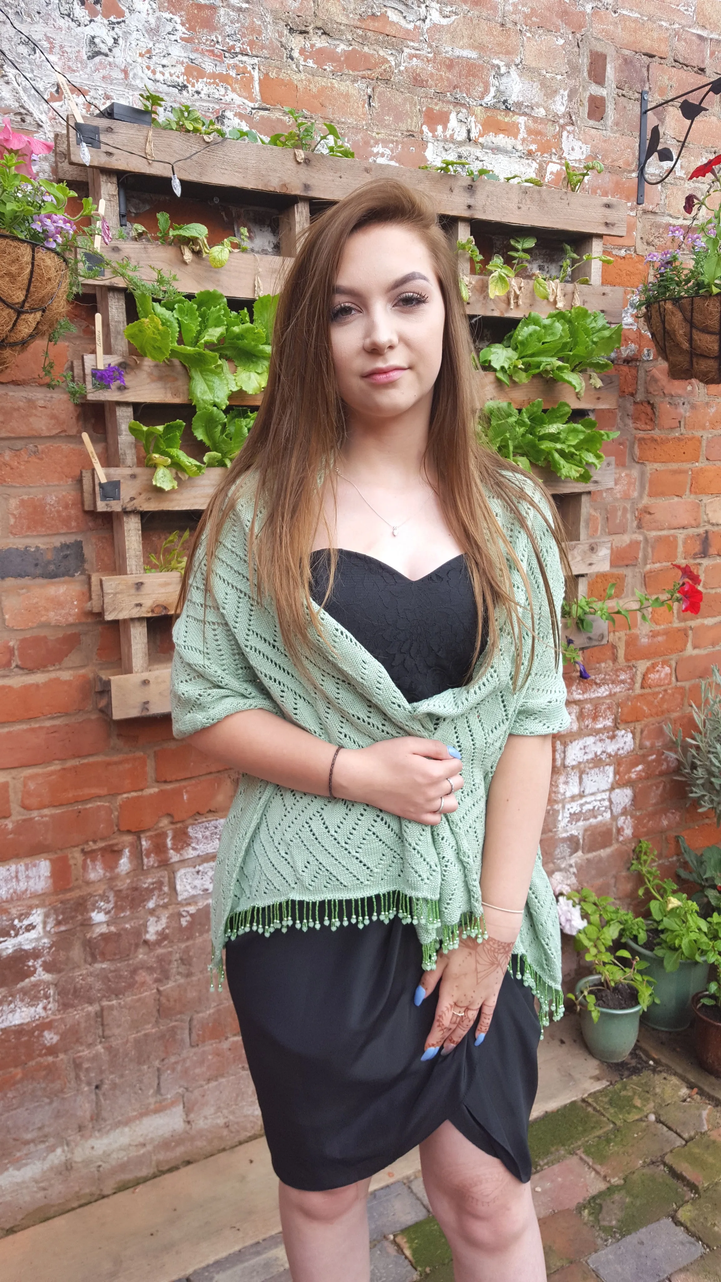 Pistachio green cotton lace knit beaded pashmina, wrap or shawl,