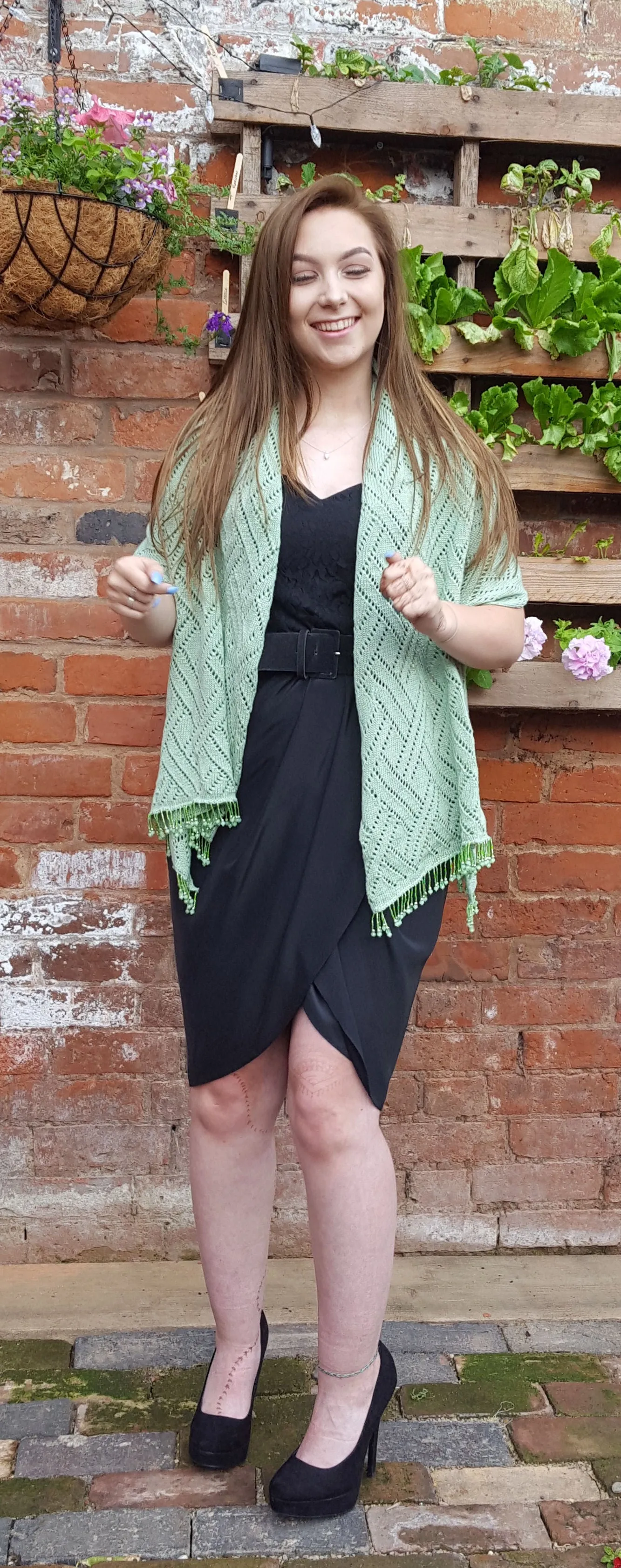 Pistachio green cotton lace knit beaded pashmina, wrap or shawl,