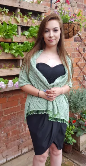Pistachio green cotton lace knit beaded pashmina, wrap or shawl,