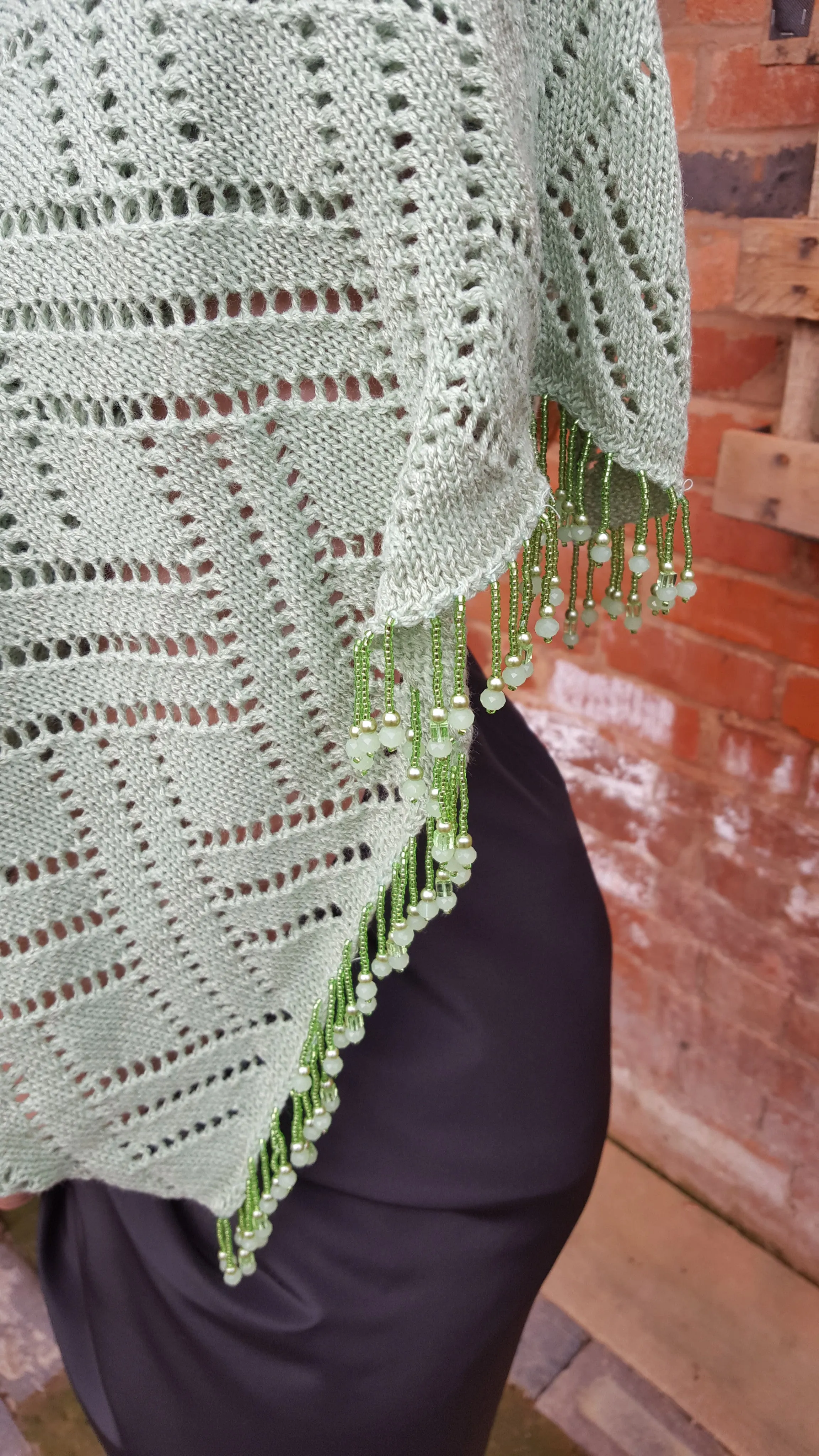 Pistachio green cotton lace knit beaded pashmina, wrap or shawl,