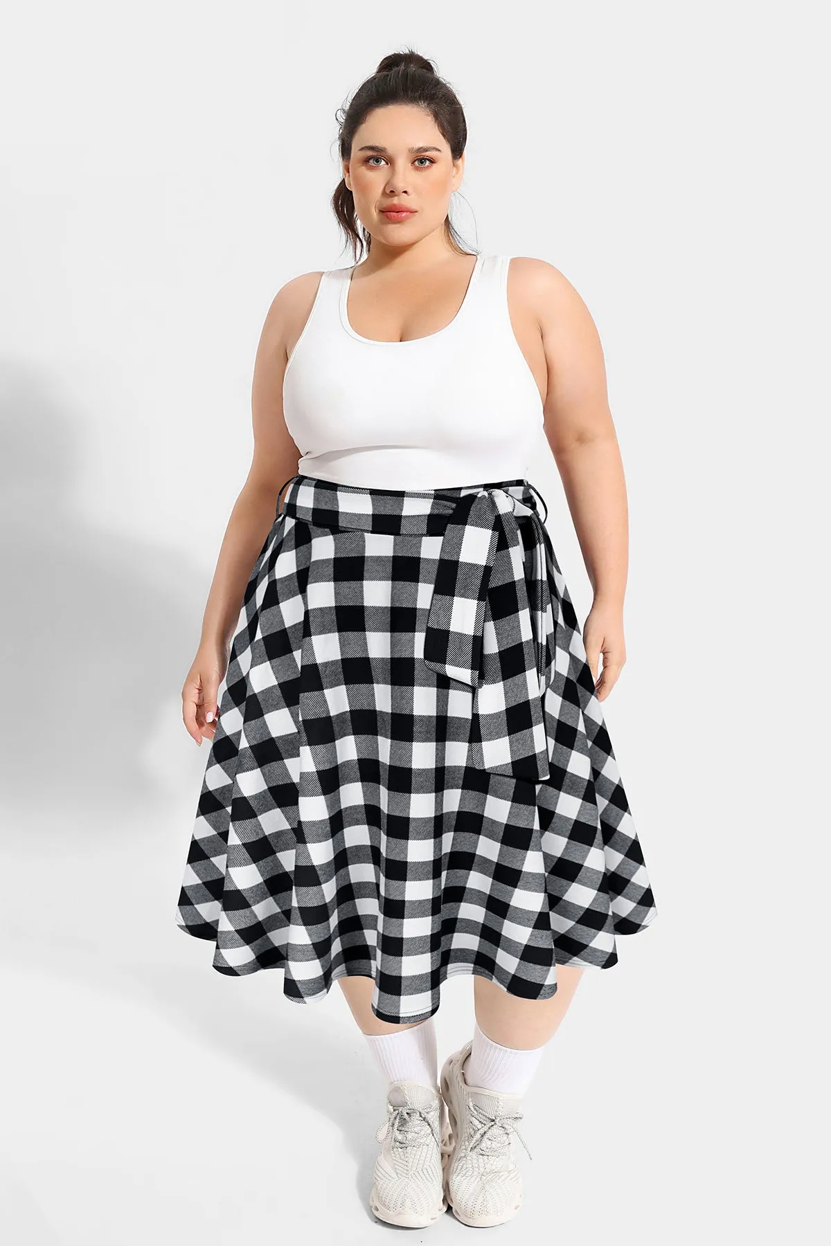 Plaid Pockets A-lined Lace-up Midi Skirt