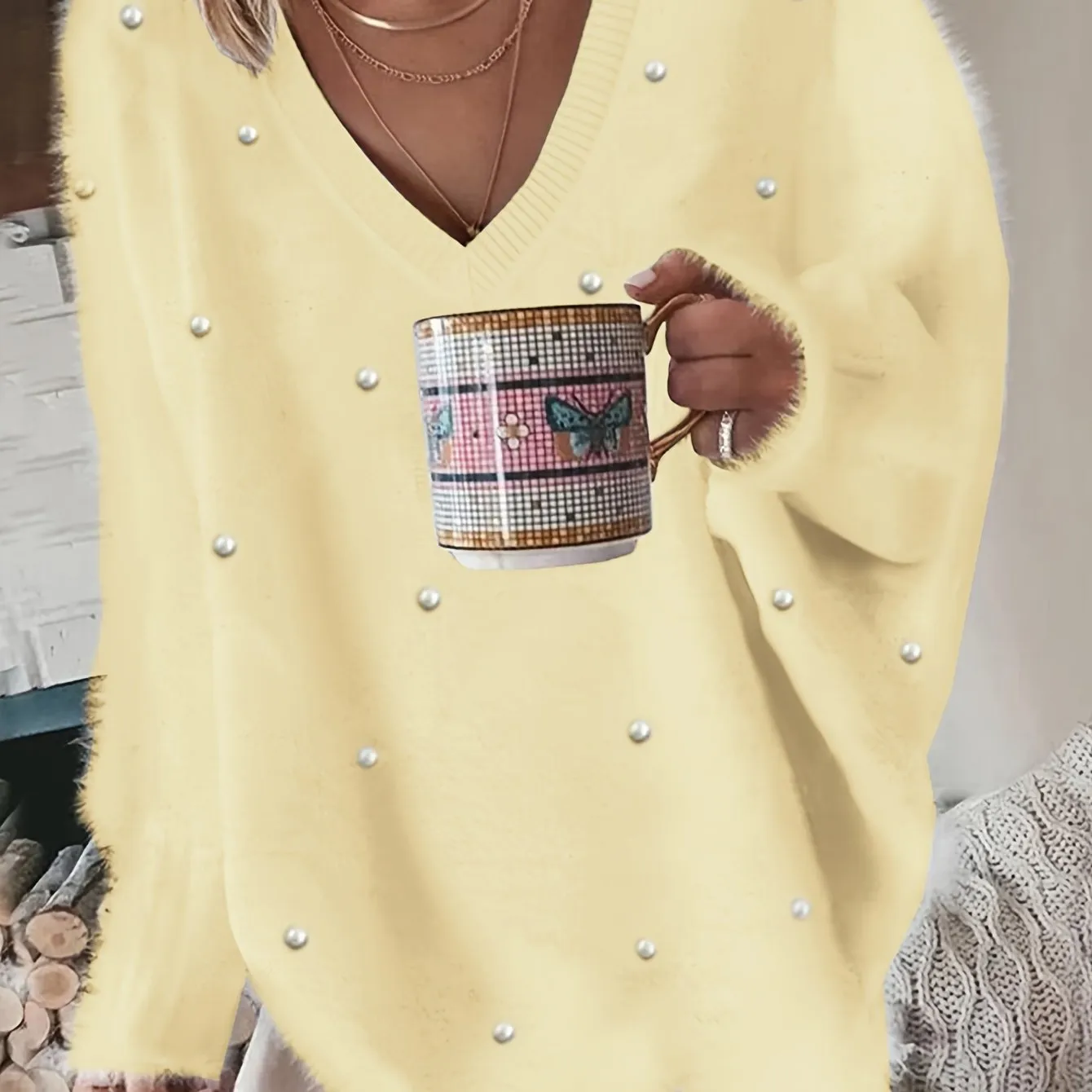 Plus Size Elegant Sweater, Women's Plus Faux Pearl Decor Long Sleeve V Neck Slight Stretch Fuzzy Pullover Jumper