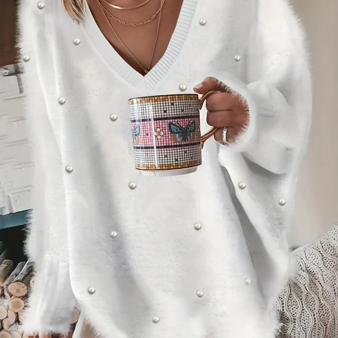 Plus Size Elegant Sweater, Women's Plus Faux Pearl Decor Long Sleeve V Neck Slight Stretch Fuzzy Pullover Jumper