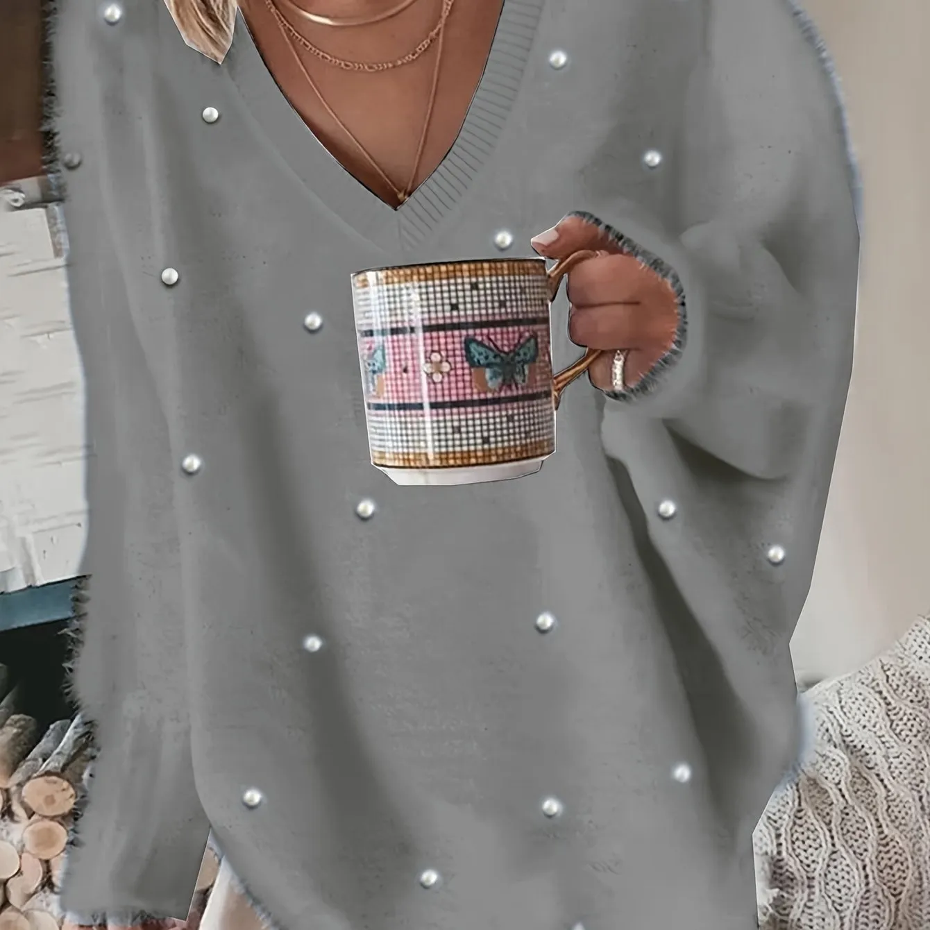 Plus Size Elegant Sweater, Women's Plus Faux Pearl Decor Long Sleeve V Neck Slight Stretch Fuzzy Pullover Jumper