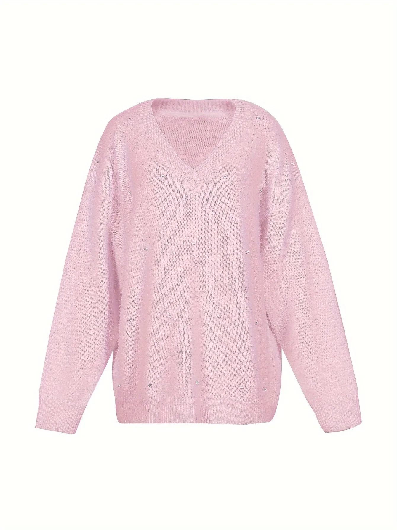 Plus Size Elegant Sweater, Women's Plus Faux Pearl Decor Long Sleeve V Neck Slight Stretch Fuzzy Pullover Jumper
