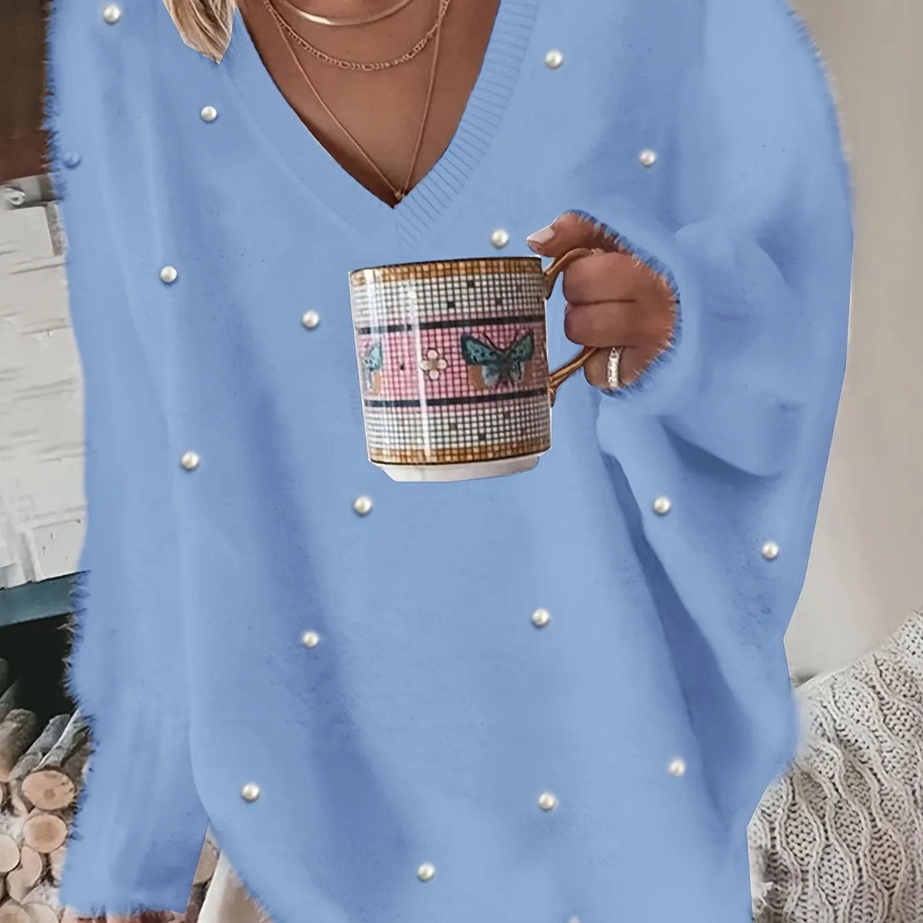 Plus Size Elegant Sweater, Women's Plus Faux Pearl Decor Long Sleeve V Neck Slight Stretch Fuzzy Pullover Jumper