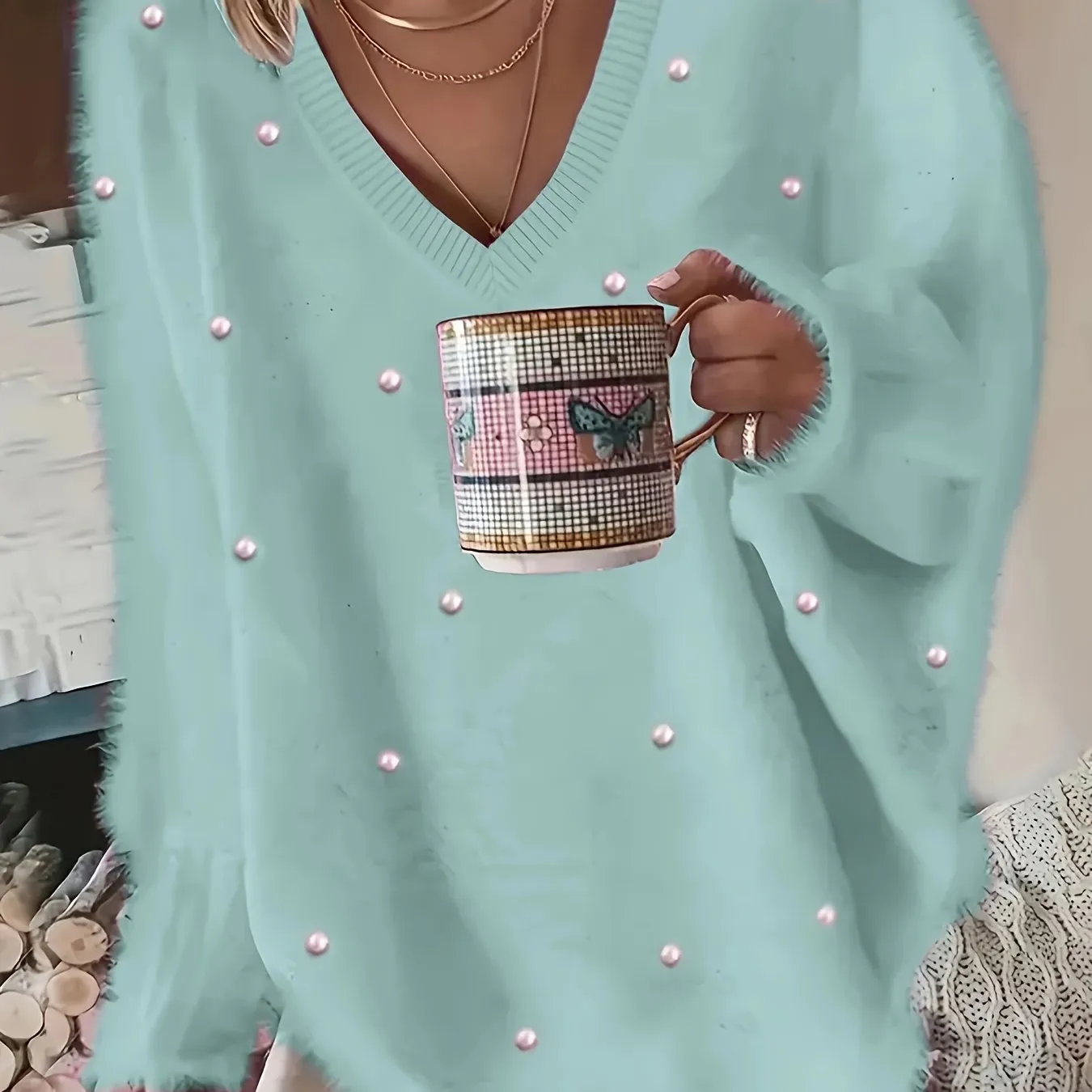 Plus Size Elegant Sweater, Women's Plus Faux Pearl Decor Long Sleeve V Neck Slight Stretch Fuzzy Pullover Jumper