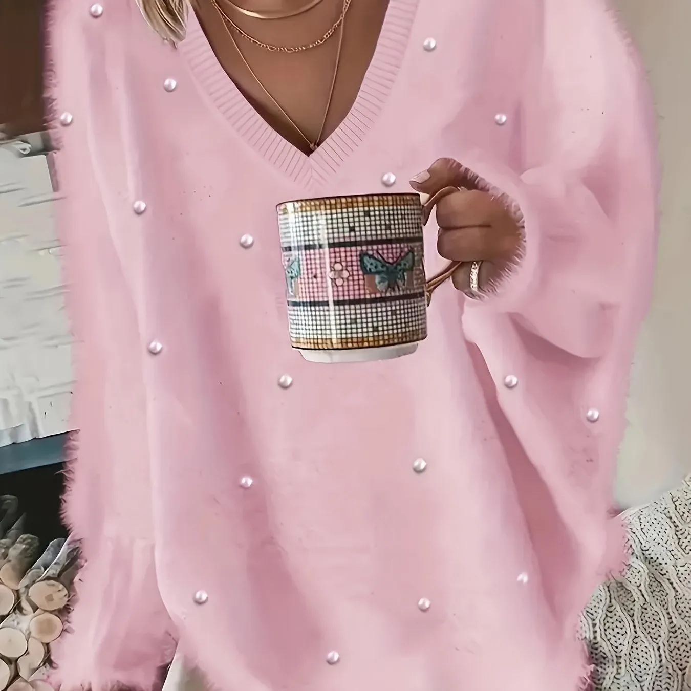 Plus Size Elegant Sweater, Women's Plus Faux Pearl Decor Long Sleeve V Neck Slight Stretch Fuzzy Pullover Jumper