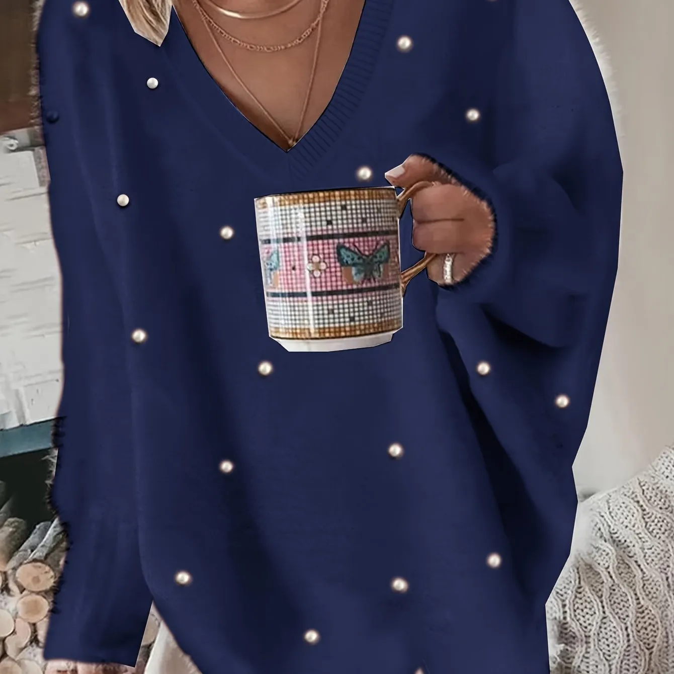 Plus Size Elegant Sweater, Women's Plus Faux Pearl Decor Long Sleeve V Neck Slight Stretch Fuzzy Pullover Jumper