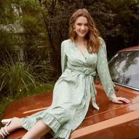 Polka Dot Elegant Long Sleeve Vintage Green V-neck Sash Wrap Dress