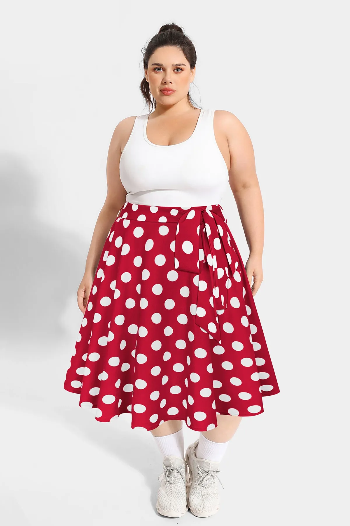 Polka Dot Pockets A-lined Lace-up Midi Skirt