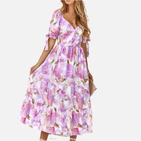 Purple Floral Dress | Wrap V Neck | Maxi Dresses