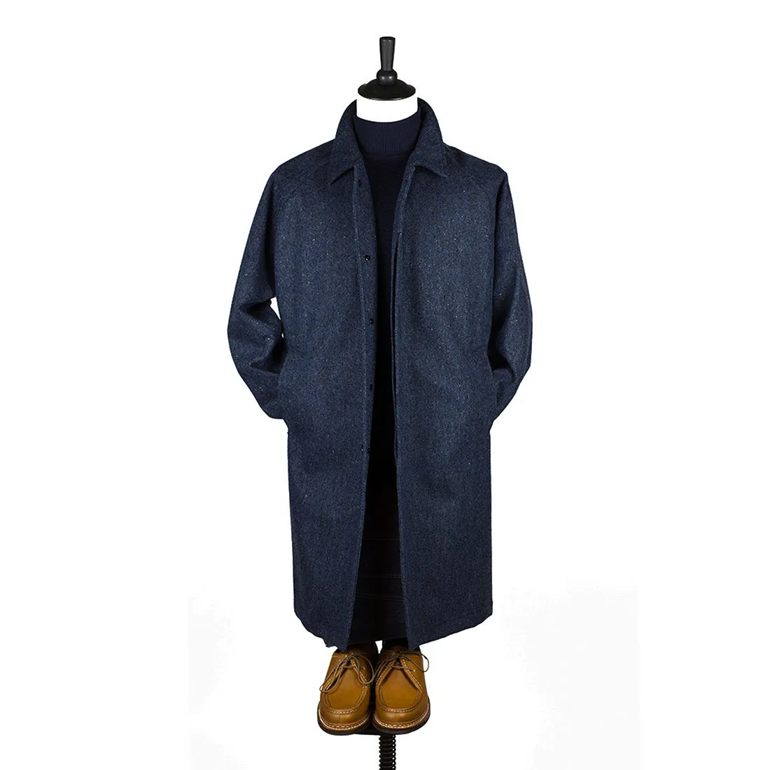 "Simon" Balmacaan raincoat in mixed blue herringbone waterproof bonded tweed