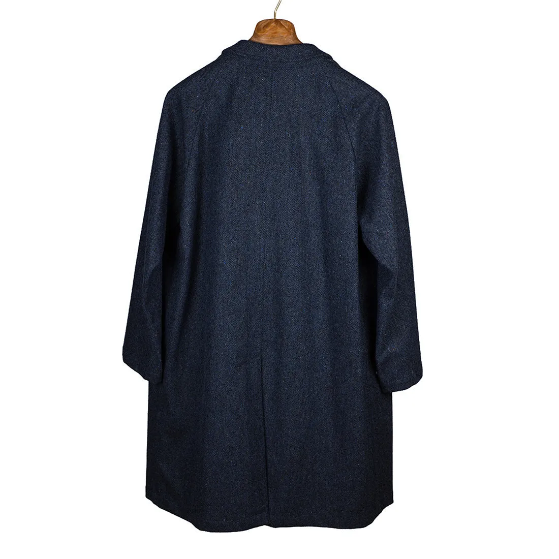 "Simon" Balmacaan raincoat in mixed blue herringbone waterproof bonded tweed