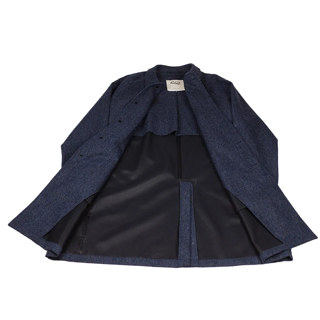 "Simon" Balmacaan raincoat in mixed blue herringbone waterproof bonded tweed