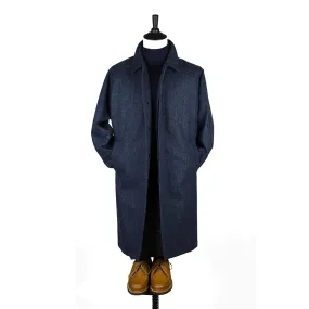 "Simon" Balmacaan raincoat in mixed blue herringbone waterproof bonded tweed