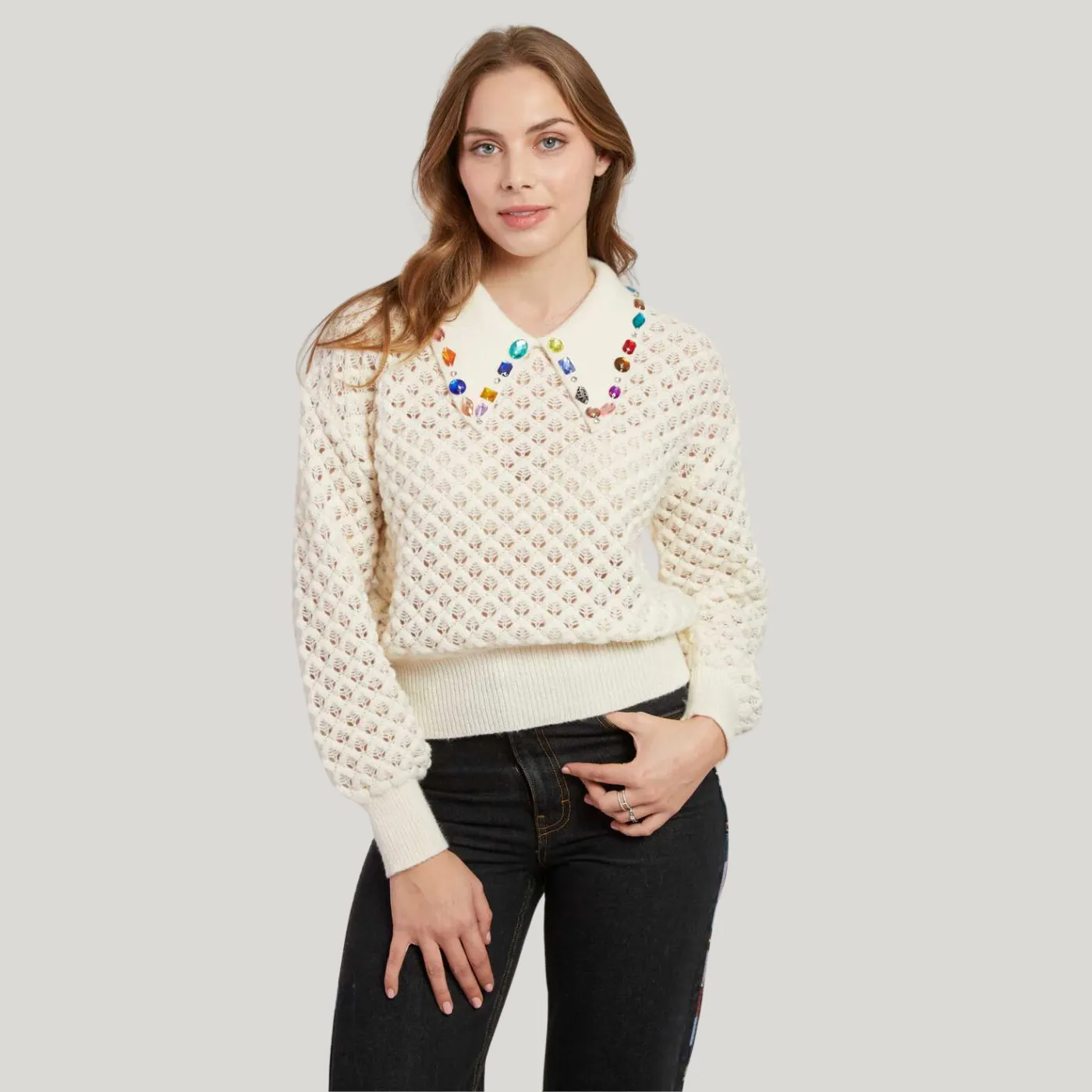 Rene Derhy Caledonie Jumper With Embellished Collar | Cream