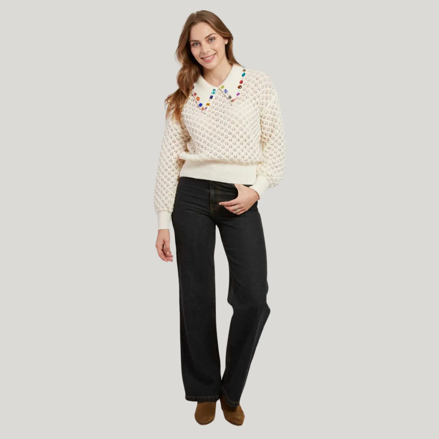 Rene Derhy Caledonie Jumper With Embellished Collar | Cream