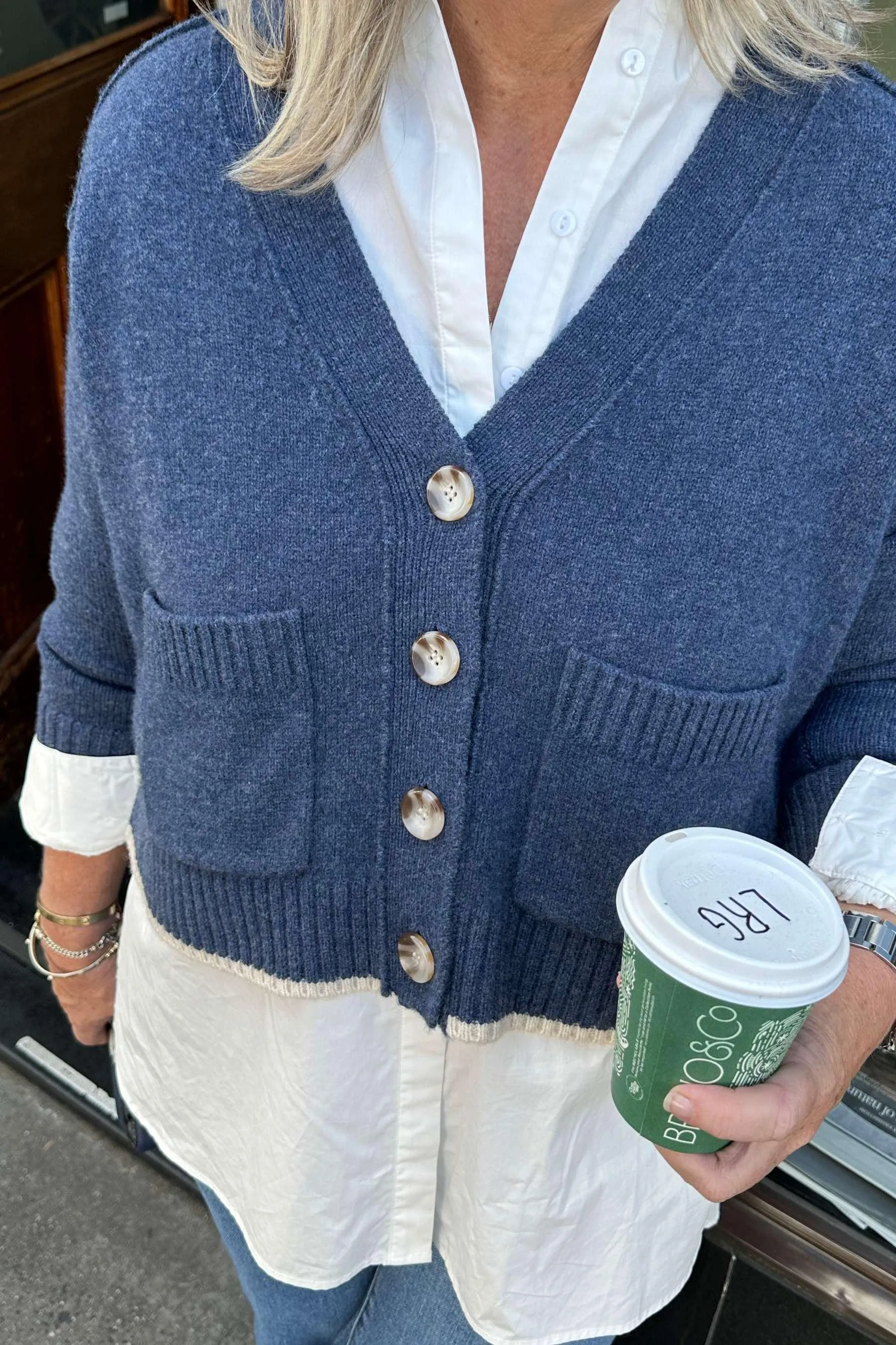 Rosie Cardigan | Denim Blue with Oat Tips