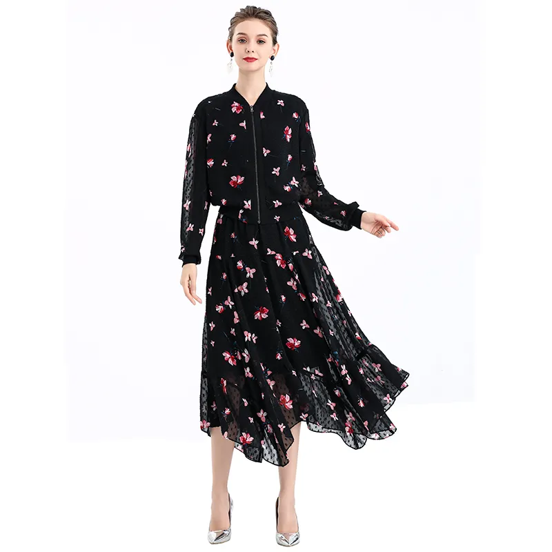 S068-9 Women print swiss-dot clipped jacquard asymmetric panelled long flare handkerchief skirt