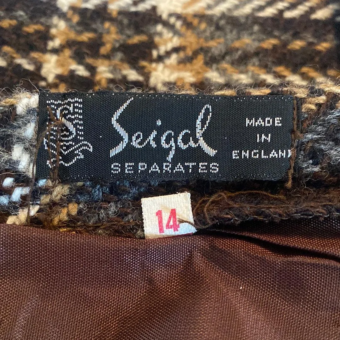 Seigal Separates Vintage Wool Skirt. Brown Check. UK Size 10