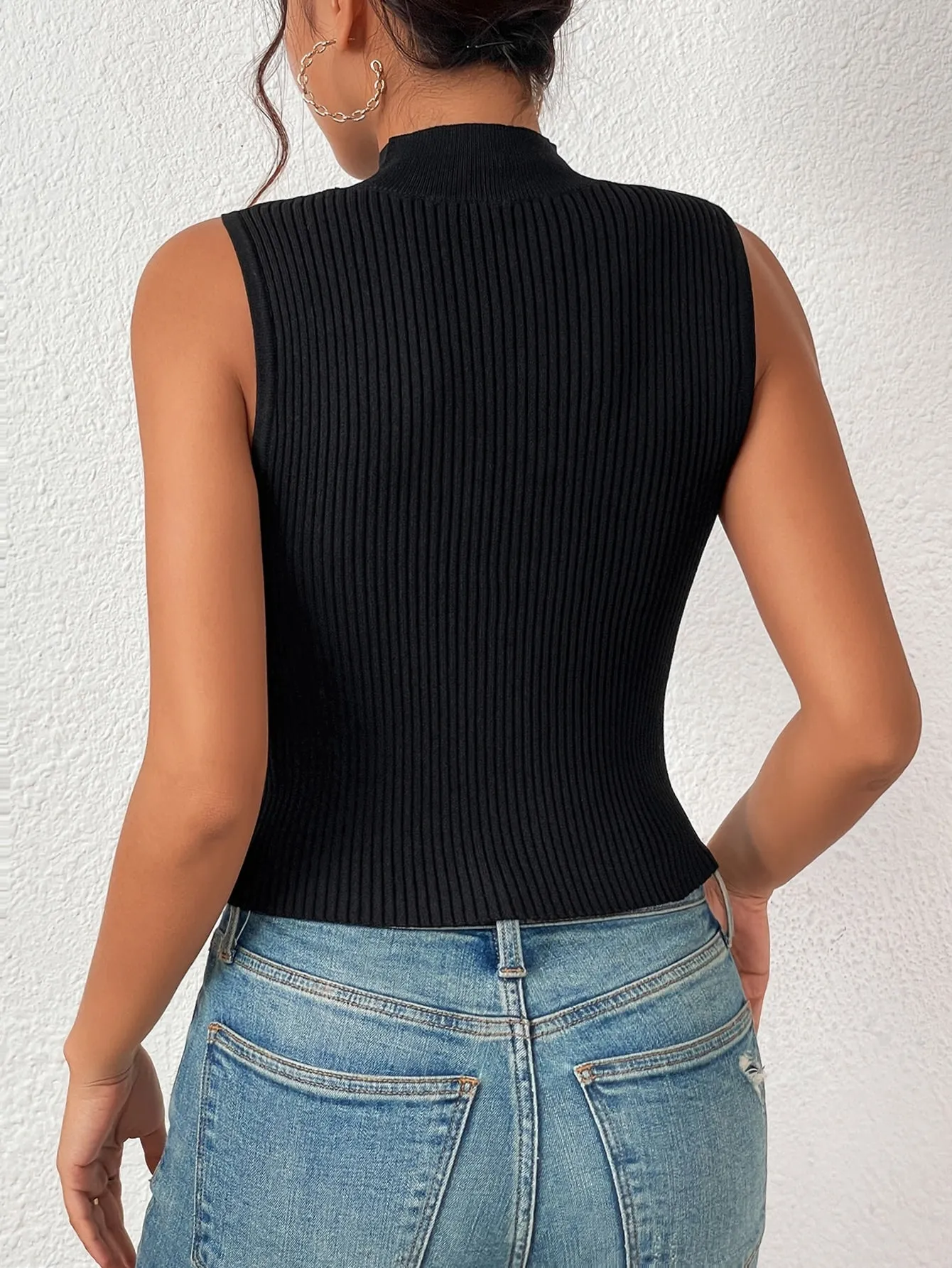 SHEIN BAE Contrast Mesh Mock Neck Knit Top