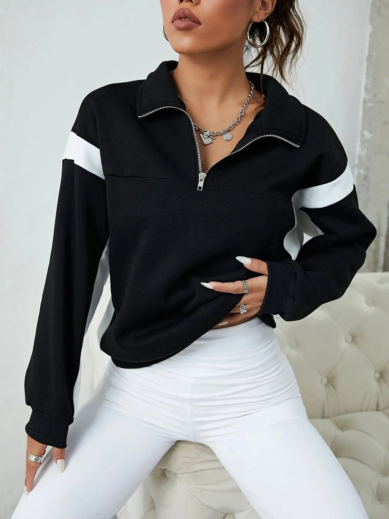 Shein Contrast Panel Half Zip Sweatshirt