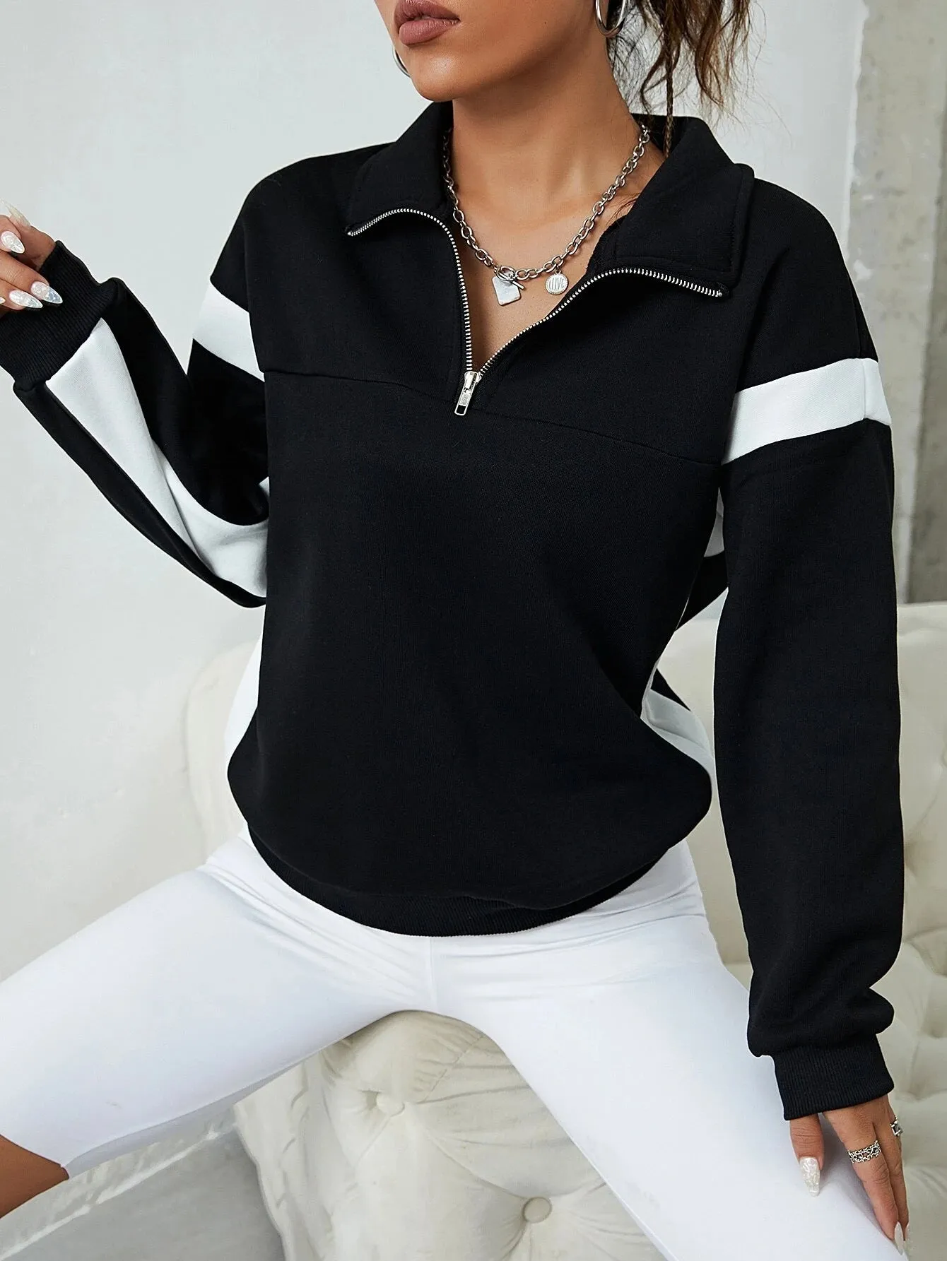 Shein Contrast Panel Half Zip Sweatshirt