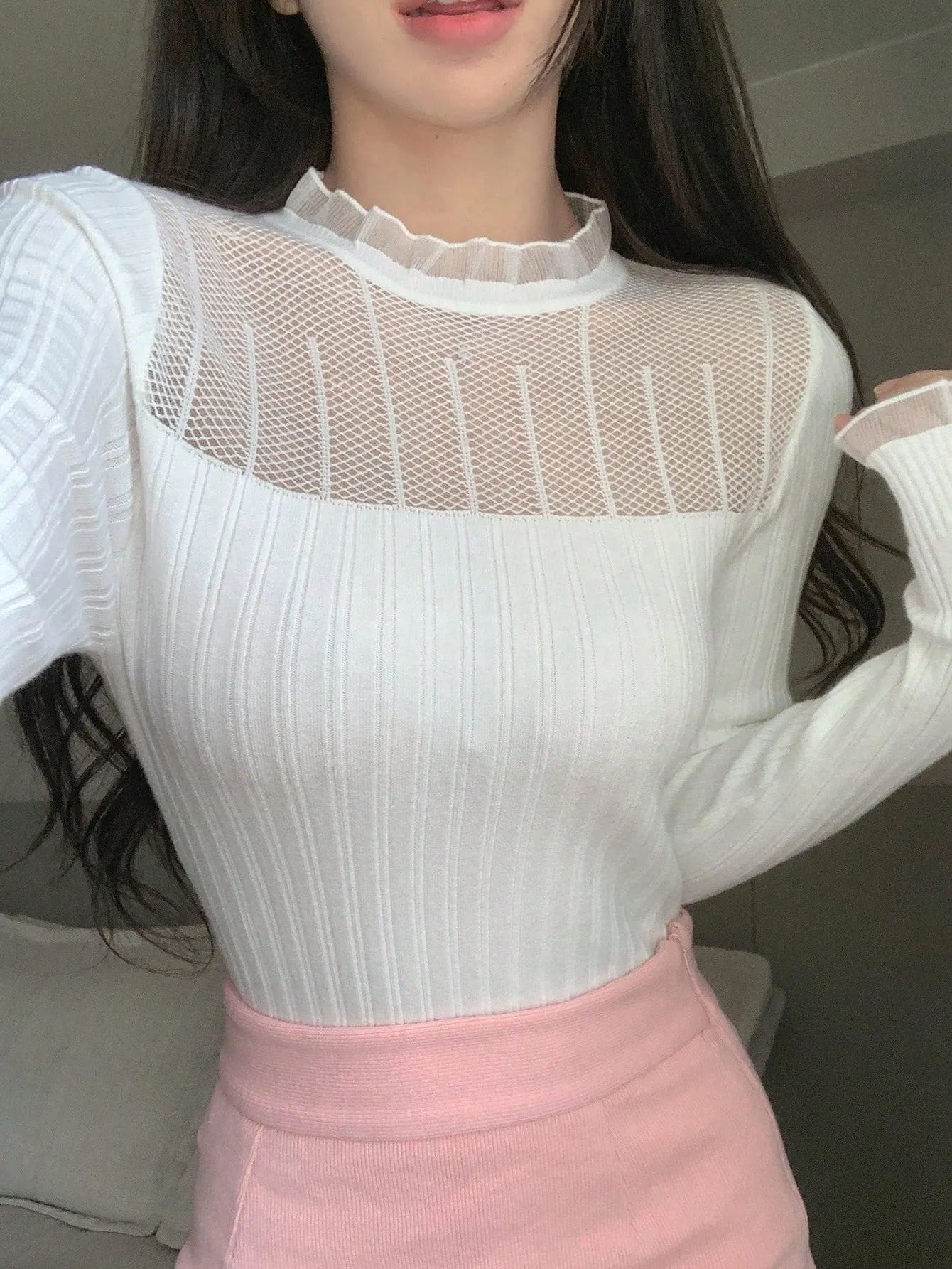 SHEIN DAZY Solid Frill Trim Ribbed Knit Sweater