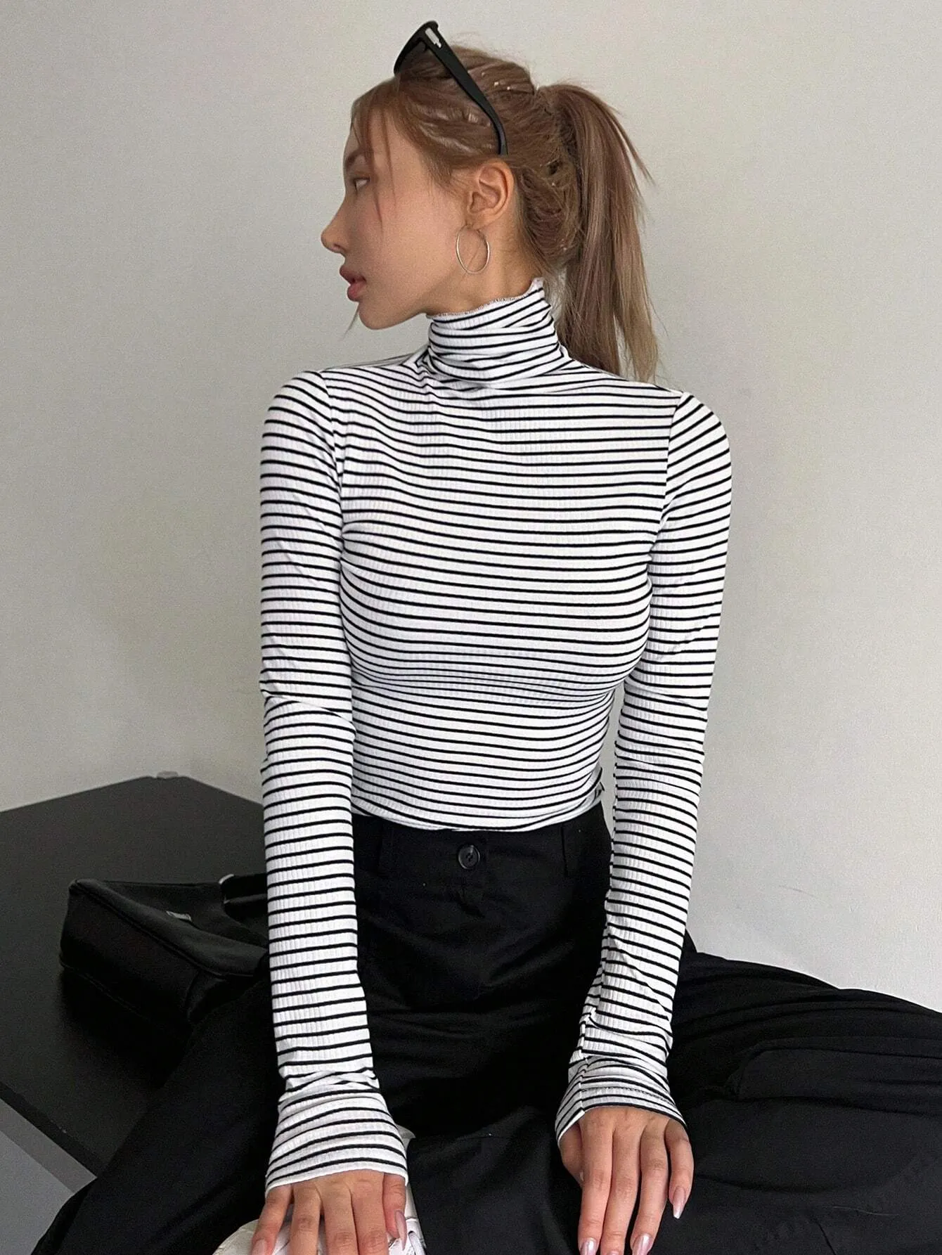 SHEIN DAZY Striped High Neck Tee