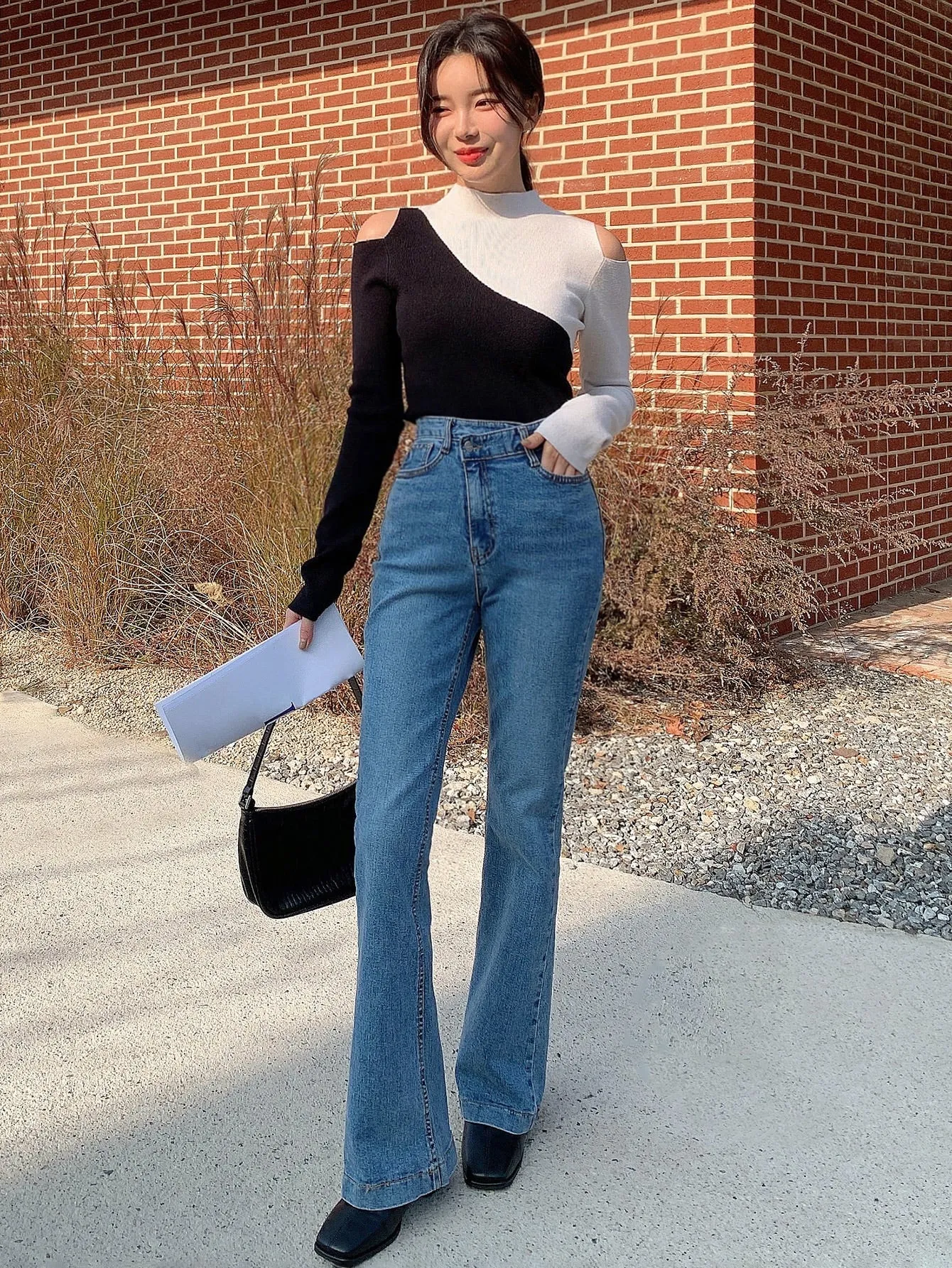 SHEIN DAZY Two Tone Cold Shoulder Sweater