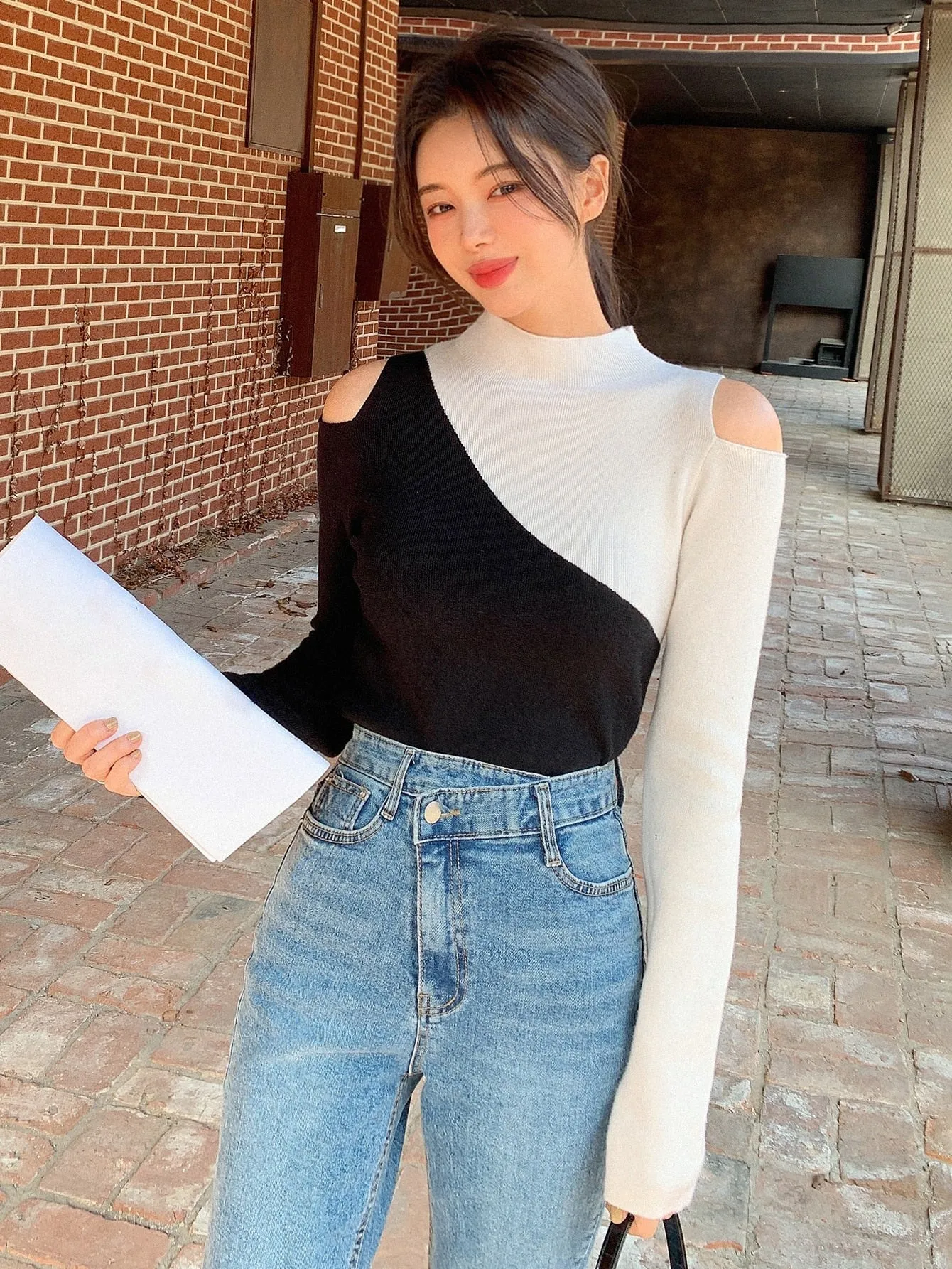 SHEIN DAZY Two Tone Cold Shoulder Sweater
