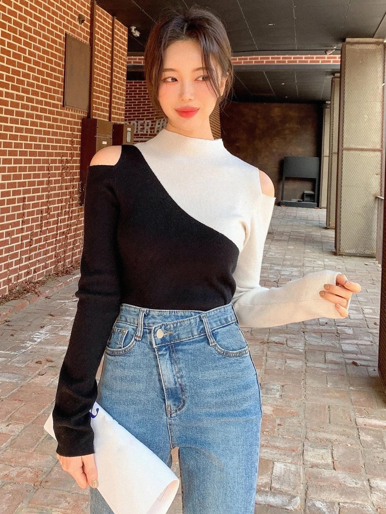 SHEIN DAZY Two Tone Cold Shoulder Sweater