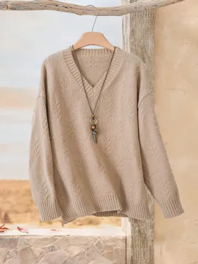 SHEIN EMERY ROSE Women's V-Neck Cable Knit Long Sleeve Sweater